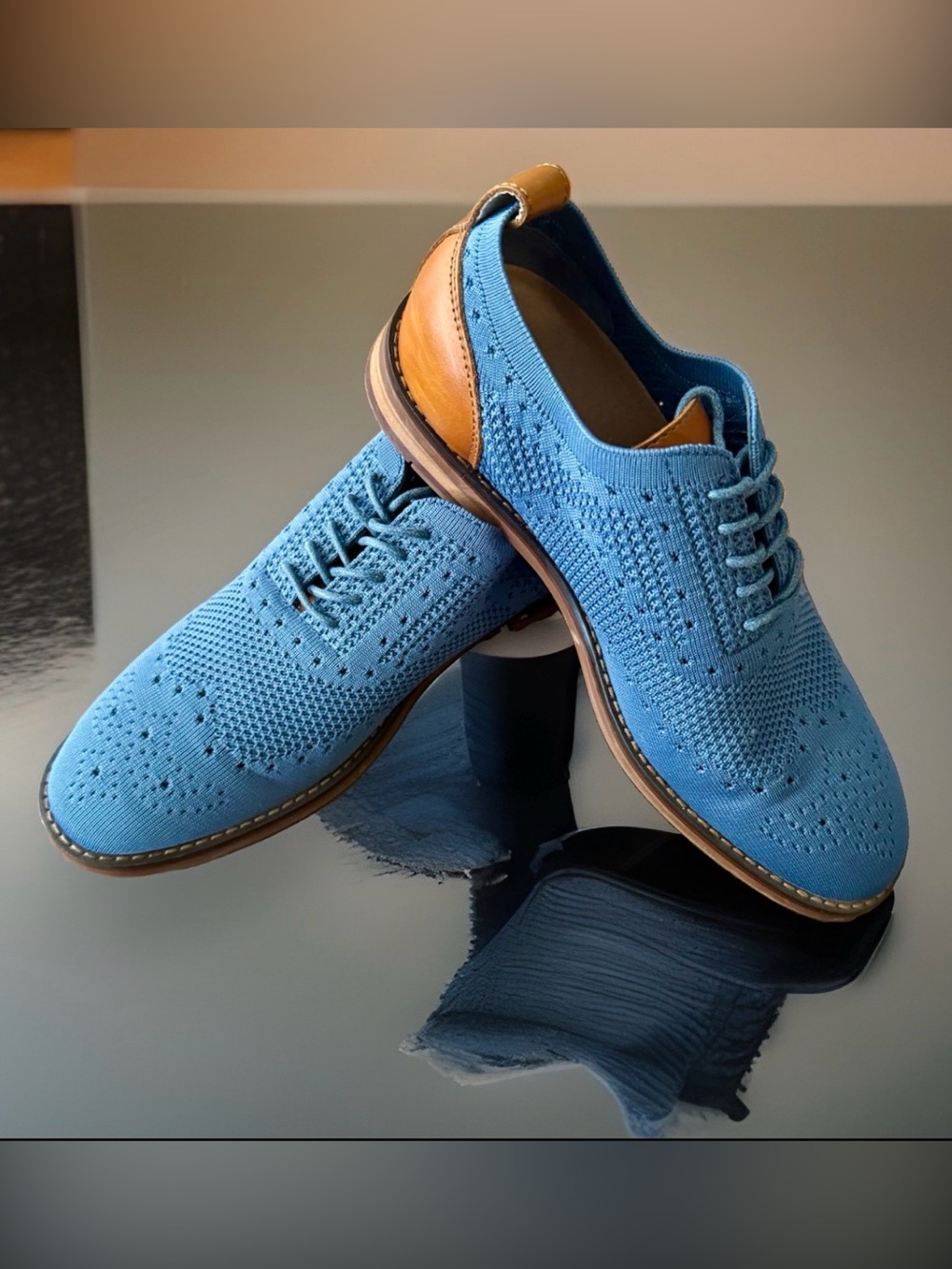 Moretti Gold Label Ashland II Light Blue Knit Leather Wingtip Oxfords 7.5D NWT